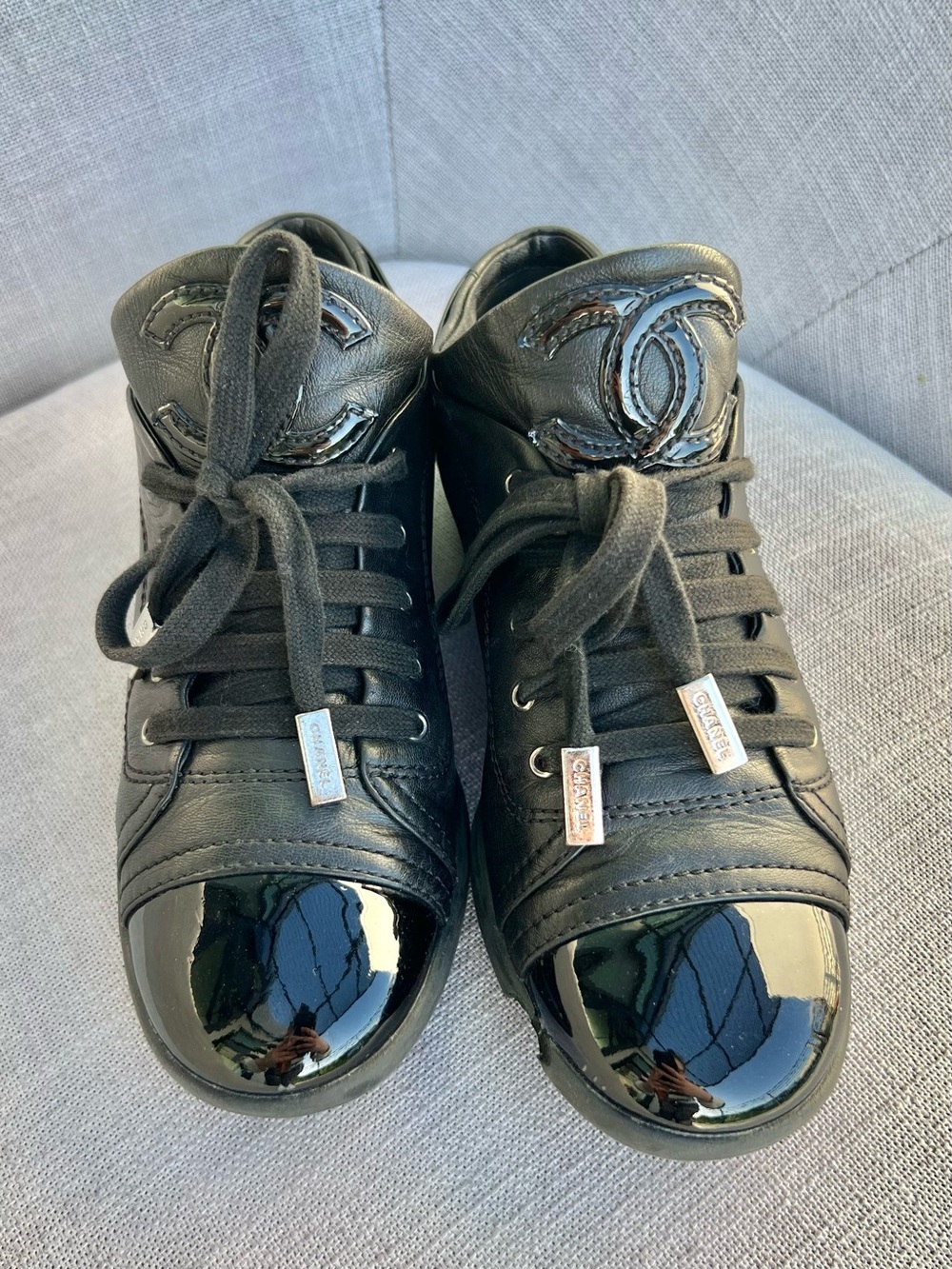 Chanel Lambskin Patent Cap Toe CC Sneakers